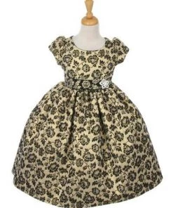Cinderella Couture Kids Girls Jacquard Floral Print Dress With Short Sleeves