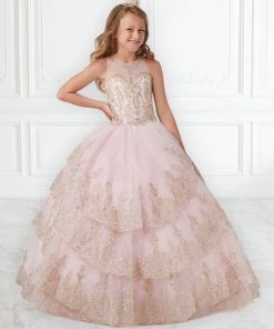 Tiffany Princess By House Of Wu Girls Lace Applique Long Tiered Dress By Mini Quince 26938MQ Kids