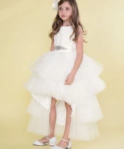 Calla Collection Girls Layered High Low Dress With Lace Bodice By Calla D825 Flower Girl Dresses