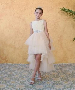 Calla Collection Girls Layered High Low Dress With Lace Bodice By Calla D825 Flower Girl Dresses