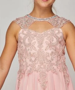 Cinderella Couture Girls Long A-line Chiffon Dress With Beaded Lace Bodice