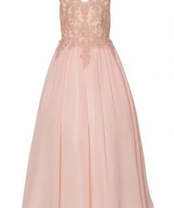 Cinderella Couture Girls Long A-line Chiffon Dress With Beaded Lace Bodice