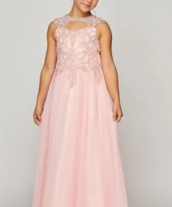 Cinderella Couture Girls Long A-line Chiffon Dress With Beaded Lace Bodice
