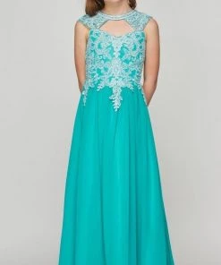 Cinderella Couture Girls Long A-line Chiffon Dress With Beaded Lace Bodice