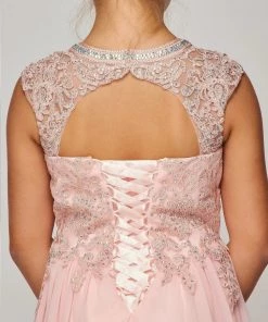Cinderella Couture Girls Long A-line Chiffon Dress With Beaded Lace Bodice