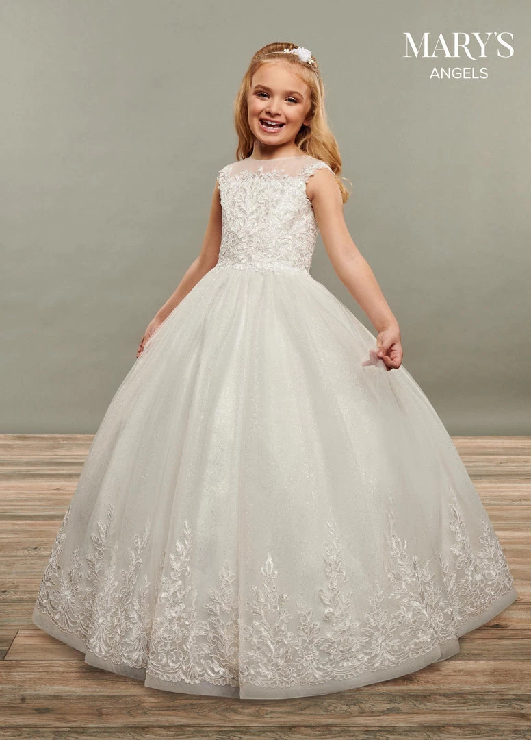 Mary's Bridal Angels Collection Girls Long Applique Cap Sleeve Glitter Dress By Mary's Bridal MB9071 Flower Girl Dresses 3 Mary's Bridal Angels Collection Girls Long Applique Cap Sleeve Glitter Dress By Mary's Bridal MB9071 Flower Girl Dresses