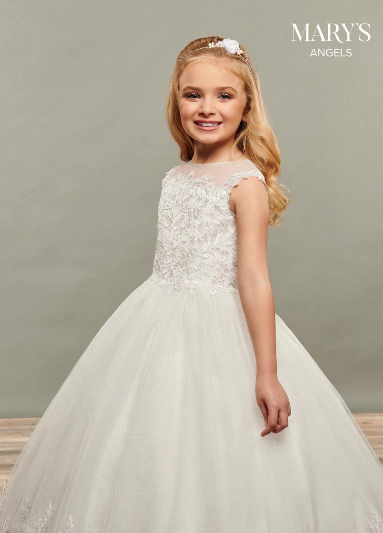 Mary's Bridal Angels Collection Girls Long Applique Cap Sleeve Glitter Dress By Mary's Bridal MB9071 Flower Girl Dresses 5 Mary's Bridal Angels Collection Girls Long Applique Cap Sleeve Glitter Dress By Mary's Bridal MB9071 Flower Girl Dresses