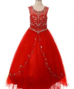 Girls Long Beaded Illusion Dress By Cinderella Couture 8005 Kids