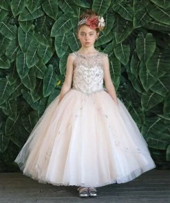 Calla Collection Flower Girl Dresses Girls Beaded Long Illusion Dress By Calla KY220
