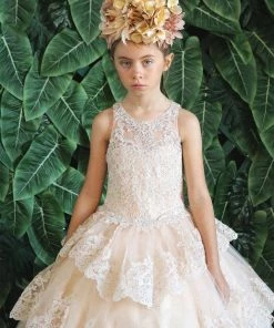 Calla Collection Girls Long Beaded Lace Tiered Dress By Calla KY224 Flower Girl Dresses