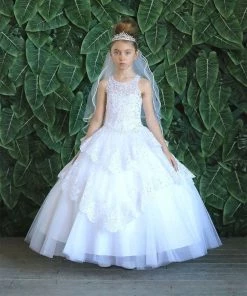 Calla Collection Girls Long Beaded Lace Tiered Dress By Calla KY224 Flower Girl Dresses