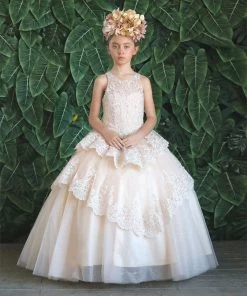 Calla Collection Girls Long Beaded Lace Tiered Dress By Calla KY224 Flower Girl Dresses