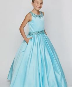 Girls Long Beaded Satin Dress By Cinderella Couture 5047