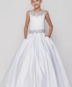 Cinderella Couture Girls Long Beaded Sleeveless Satin Dress With Pockets Flower Girl Dresses