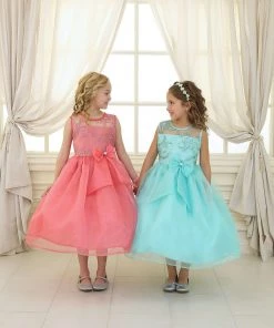 Calla Collection Flower Girl Dresses Girls Long Blue Lace Bodice Dress With Bow By Calla KD2461