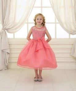 Calla Collection Flower Girl Dresses Girls Long Coral Lace Bodice Dress With Bow By Calla KD2461