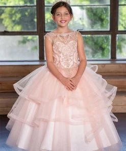 Calla Collection Girls Layered Long Lace Applique Dress By Calla KY222 Flower Girl Dresses