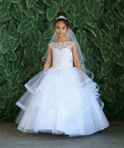 Calla Collection Girls Layered Long Lace Applique Dress By Calla KY222 Flower Girl Dresses