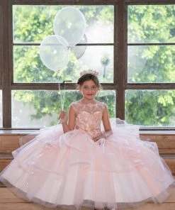 Calla Collection Girls Layered Long Lace Applique Dress By Calla KY222 Flower Girl Dresses