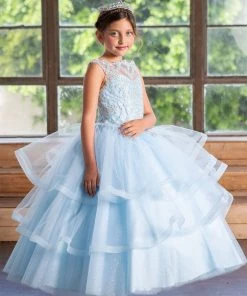 Calla Collection Girls Layered Long Lace Applique Dress By Calla KY222 Flower Girl Dresses