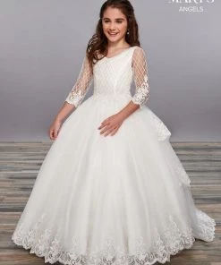 Mary's Bridal Angels Collection Girls Long Lace Trim Dress With 3/4 Sleeves By Mary's Bridal MB9056 Flower Girl Dresses
