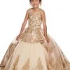 Mary's Bridal Mini Quince Collection Girls Long Gold Applique Illusion Dress By Mary's Bridal MQ4014 Flower Girl Dresses