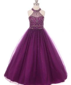 Cinderella Couture Flower Girl Dresses Girls Long Halter Dress With Beaded Illusion Bodice