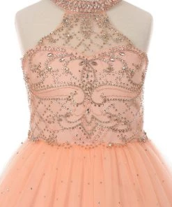 Cinderella Couture Flower Girl Dresses Girls Long Halter Dress With Beaded Illusion Bodice
