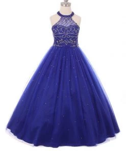 Cinderella Couture Flower Girl Dresses Girls Long Halter Dress With Beaded Illusion Bodice