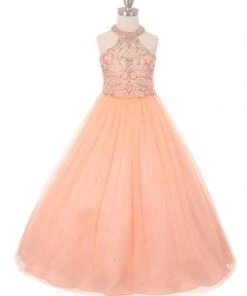 Cinderella Couture Flower Girl Dresses Girls Long Halter Dress With Beaded Illusion Bodice