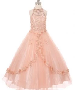 Cinderella Couture Kids Girls Floral Applique Long Halter Dress