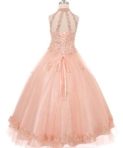 Cinderella Couture Kids Girls Floral Applique Long Halter Dress