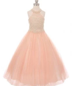 Cinderella Couture Girls Pearl Beaded Long Halter Formal Dress