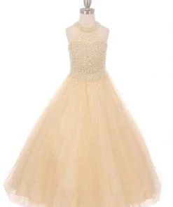 Cinderella Couture Girls Pearl Beaded Long Halter Formal Dress