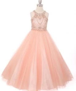 Cinderella Couture Girls Long Halter Tulle Dress With Beaded Illusion Bodice Flower Girl Dresses