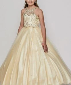 Cinderella Couture Girls Long Halter Tulle Dress With Beaded Illusion Bodice Flower Girl Dresses
