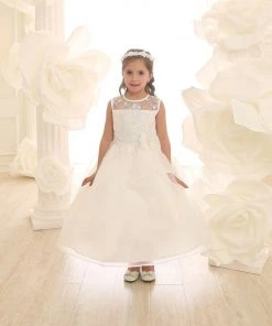 Calla Collection Girls Long Ivory Lace Bodice Dress With Bow By Calla KD2461 Flower Girl Dresses