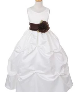 Cinderella Couture Girls Long Ivory Pick-Up Dress With Brown Floral Sash