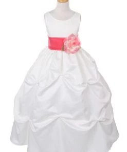 Cinderella Couture Girls Long Ivory Pick-Up Dress With Coral Floral Sash Flower Girl Dresses