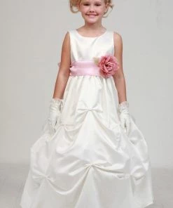 Cinderella Couture Girls Long Ivory Pick-Up Dress With Coral Floral Sash Flower Girl Dresses