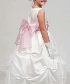 Cinderella Couture Girls Long Ivory Pick-Up Dress With Coral Floral Sash Flower Girl Dresses