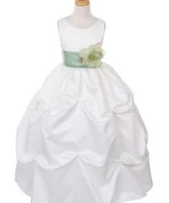 Cinderella Couture Girls Long Ivory Pick-Up Dress With Sage Sash And Flower