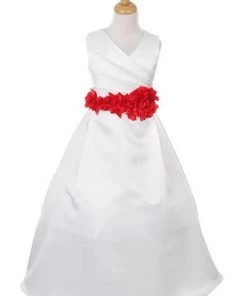 Cinderella Couture Girls Long Ivory Satin V-Neck Dress With Floral Petal Sash Flower Girl Dresses