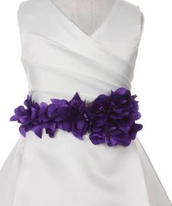 Cinderella Couture Girls Long Ivory Satin V-Neck Dress With Floral Petal Sash Flower Girl Dresses