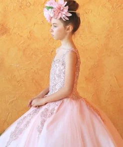 Calla Collection Girls Long Lace Applique A-line Dress By Calla KY221 Flower Girl Dresses