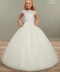 Mary's Bridal Angels Collection Girls Long Lace Applique Short Sleeve Dress By Mary's Bridal MB9069