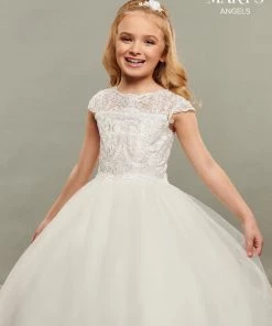 Mary's Bridal Angels Collection Girls Long Lace Applique Short Sleeve Dress By Mary's Bridal MB9069