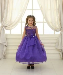 Calla Collection Girls Long Purple Lace Bodice Dress With Bow By Calla KD2461