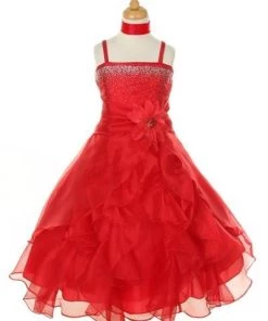 Cinderella Couture Girls Long Red Dresses With Scarf And Ruffled Skirt Kids