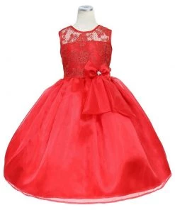 Calla Collection Girls Long Red Lace Bodice Dress With Bow By Calla KD2461 Flower Girl Dresses